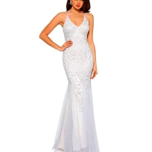 Xscape v neck grey mermaid prom dress